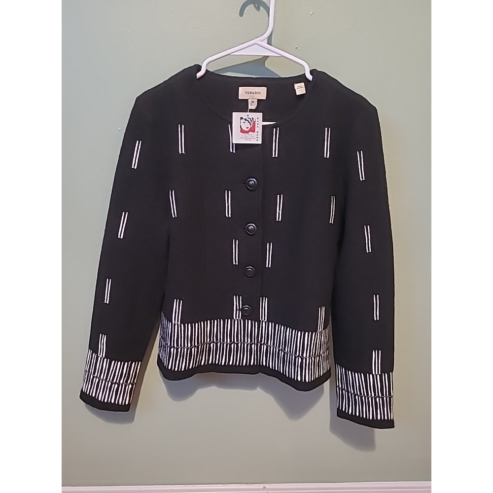 Venario 100% Wool Blazer Black With White Accent Stitching‎ Size Medium NWT